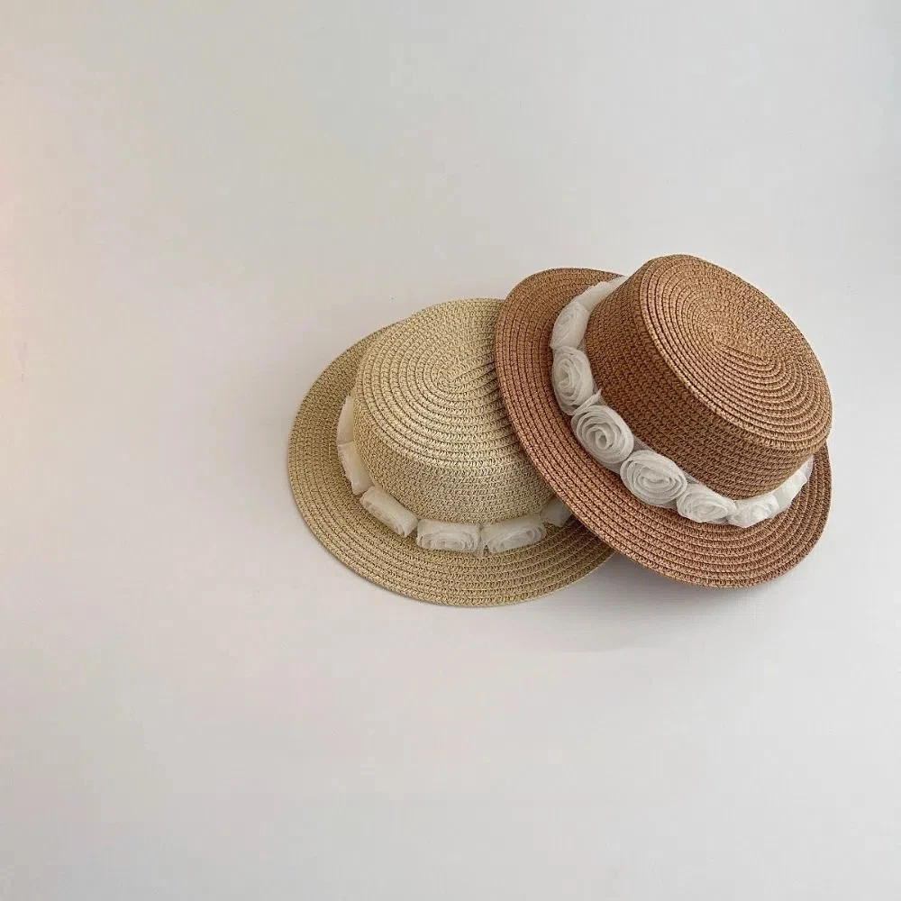 

Trendy Summer Baby Straw Caps Beach French Flower Lace Straw Hat Travel Vacation Children Sun Hat for Girls