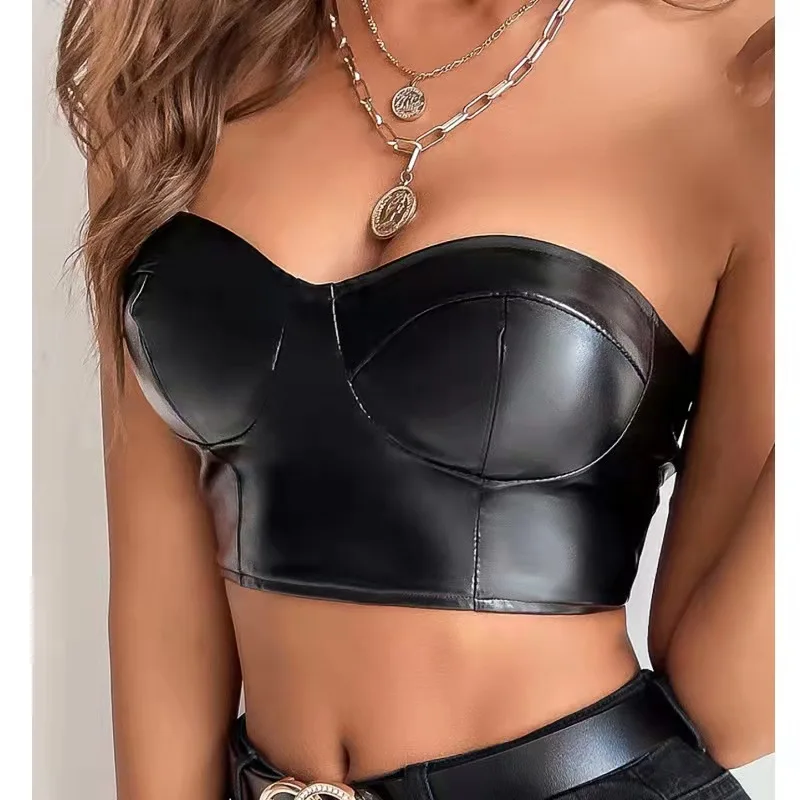 Factory Direct Wholesale New Cross-Border Export Solid Color Shiny Leather Wrapped Chest Short Crop Top European and American Wo