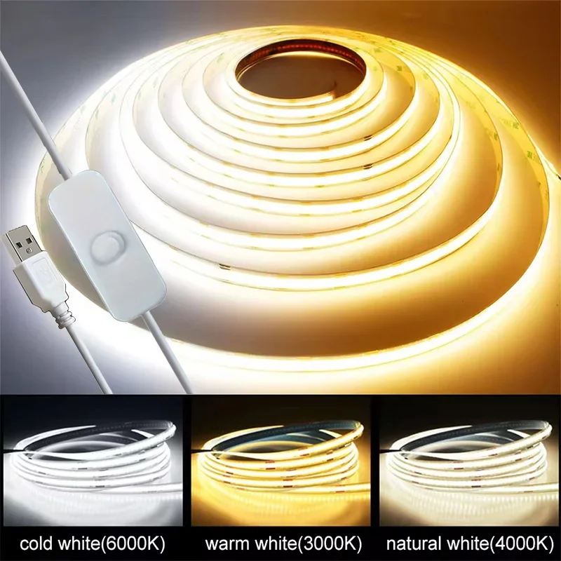 5V COB LED Strip Light USB Button Switch High Brightness Flexible Strip Light For TV Backlight Bedroom Study Room Decor Lighting