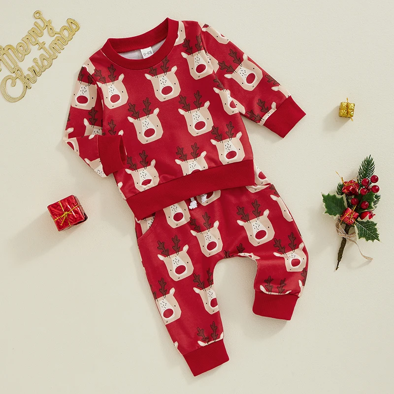 2024-07-13 Lioraitiin Baby Christmas Set, Cartoon Elk Print Long Sleeve O-Neck Sweatshirt with Elastic Waist Sweatpants Outfit