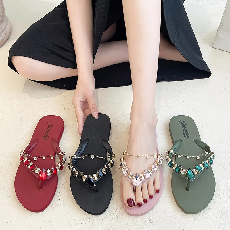 Fashion Summer Women Slippers Beach Vacation Flip Flops With Charms Sides Sandals 1.5 CM Flat With Soft Casual Shoes For Female