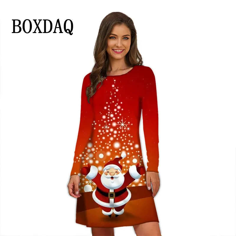 Winter Women Santa Claus Print Dresses For 2024 New Autumn Long Sleeve Christmas Elk Party Dress Elegant Ladies Casual Clothes