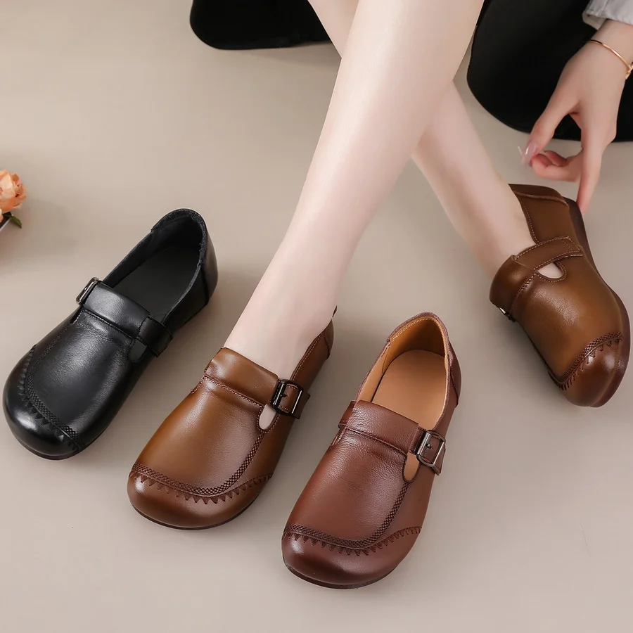 

New Genuine Leather Buckle Flats Loafers Ladies Handmade Stitched Soft Non Slip Comfy Slip On Casual Work Walking Shoes Women