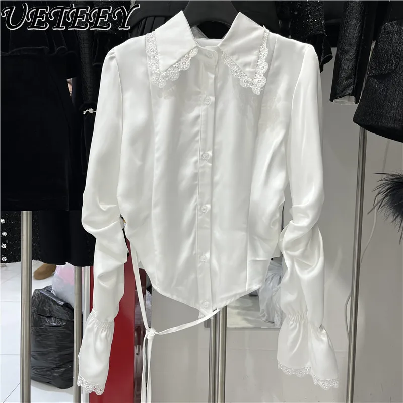 Temperament Celebrity Style White Bubble Sleeve Shirt Women's Single-breasted Strap Versatile Long-sleeved Cardigan Top