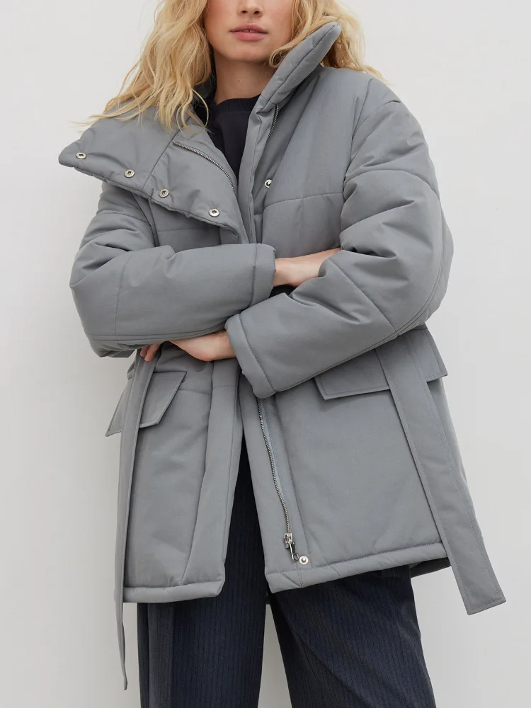 

Women's Winter Warm Parkas Jacket 2022 Oversize Straight Thick Irregular Button Cotton Padded Coat with Belt for Women