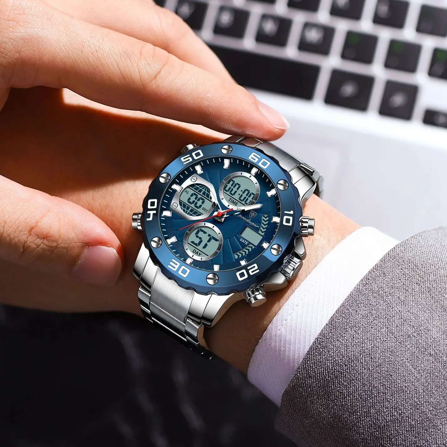 POEDAGAR 군사 남자 석영 손목 시계 LED 알람 듀얼 디스플레이 남자 시계 전자 방수 야외 스포츠 시계 남자