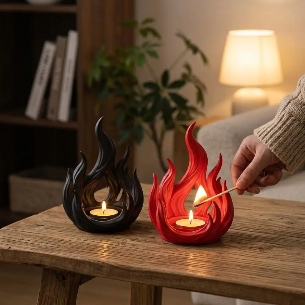 3D Printed Flame Shaped Candle Holder Gothic Dark Style Artificial Flame LED Tealight Tray Plastic Handcraft Candlestick Rack