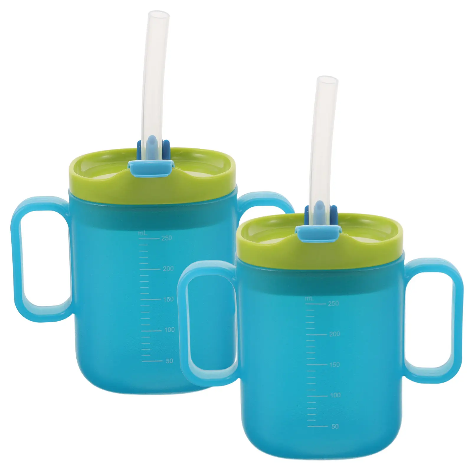 2Pcs Senior Spill Proof Drinking Cups Nursing Straw Cups 250Ml Sky Blue Multifunctional Liquid Feeding Cup Measurement Scale