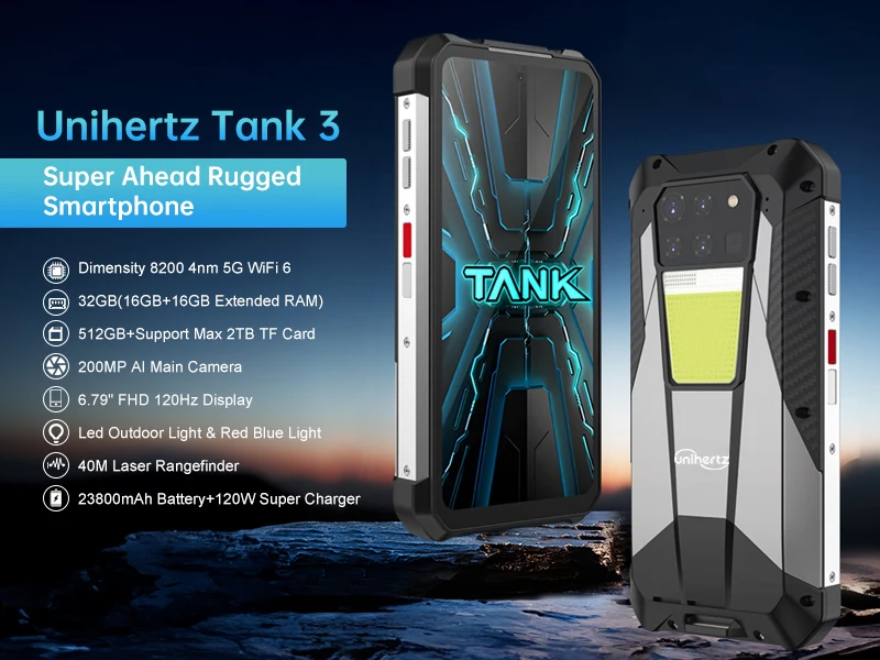 Unihertz Tank 3 8849 Android 13 Smartphone Rugged 23800mAh 32GB 512GB 200MP 5G Mobile Phone Waterproof 120W Night Vision Phones