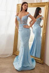 Off-the-shoulder V-Neck Mermaid Evening Dresses 3D Flower Lace Appliques Sleeveless Sheer Corset Prom Gown Backless Ball Gowns