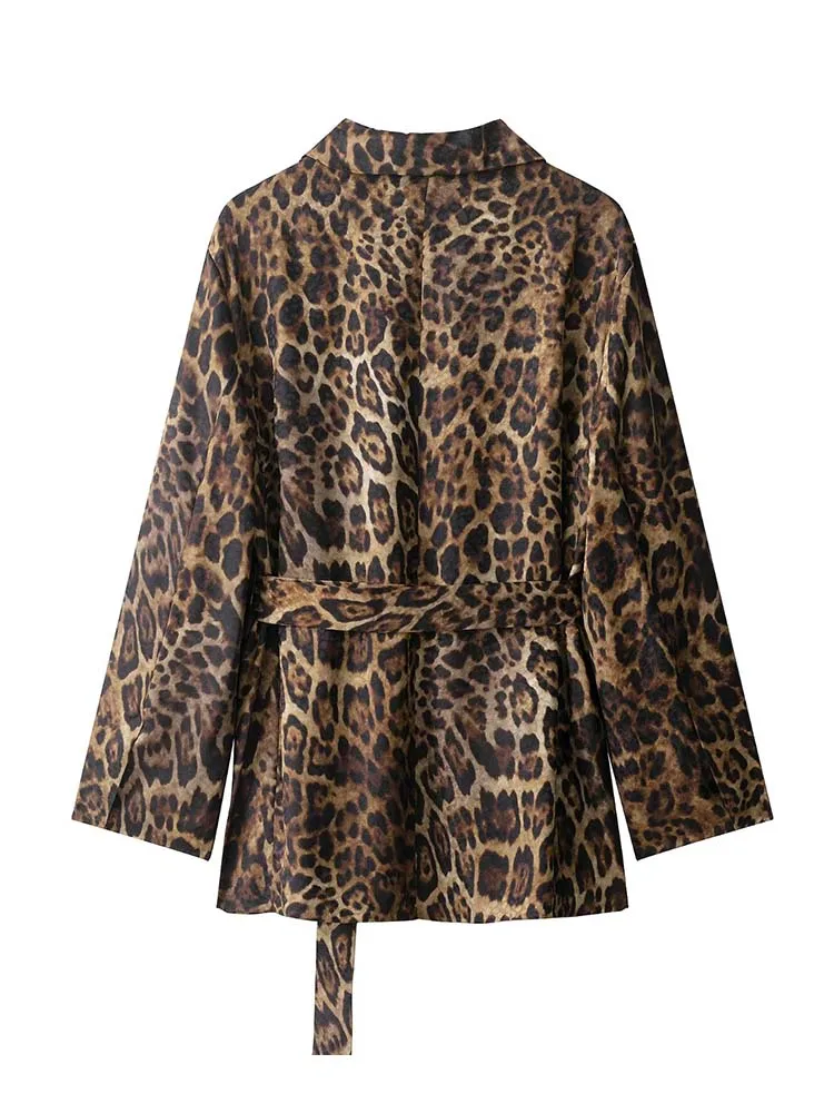 ملابس نسائية جديدة لعام 2025 بطبعة الفهد سراويل عالية الخصر مكونة من قطعتين سترة عصرية بأكمام طويلة معطف بنطلون بدلة نسائية #4