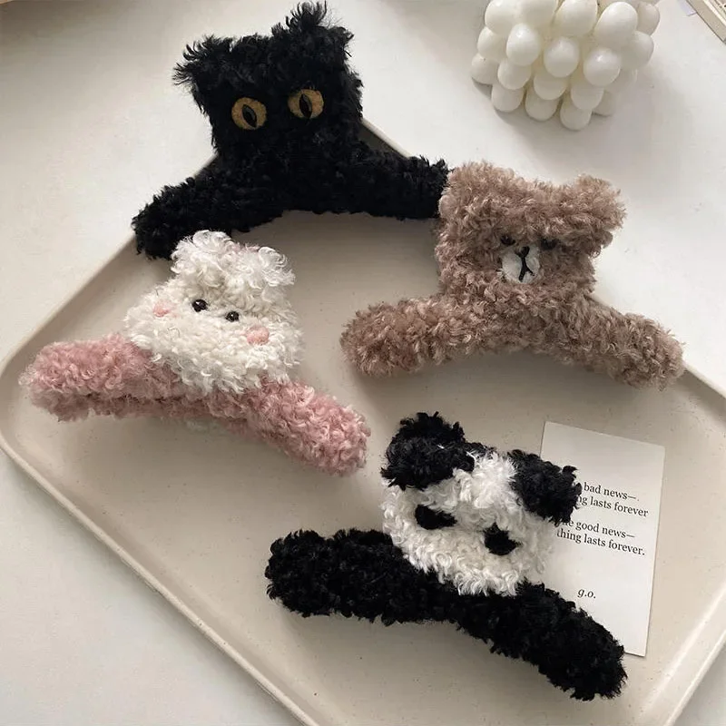 Cute Plush Doll Panda Rabbit Hair Claw Korean Autumn Winter Large Animal Shark Clip HairAccessories for Women Hairpin Headwear