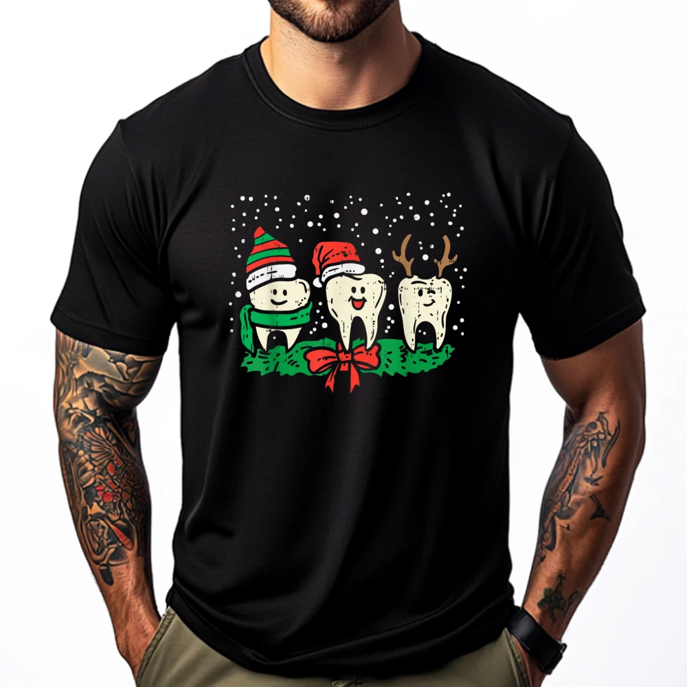 

Dental Cute Christmas Teeth Reindeer Santa Snow Dentist Christian Tshirt Men Streetwear Vintage Style