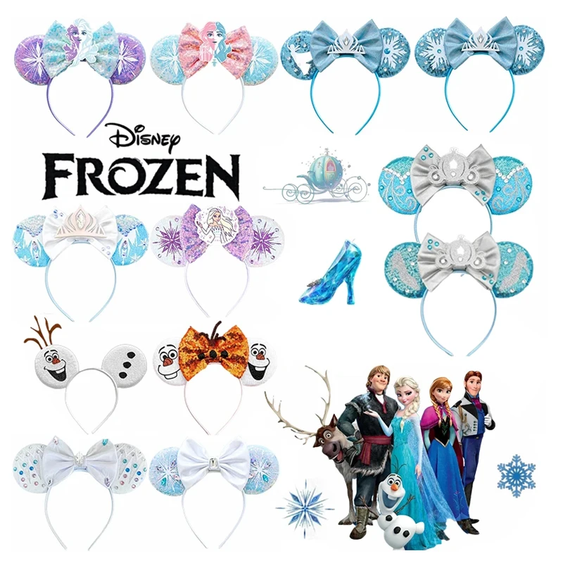 Accesorios para el cabello de Frozen para mujer, diadema con orejas de Mickey Mouse, princesa Elsa, Anna, copo de nieve, corona, lazo, lentejuelas,