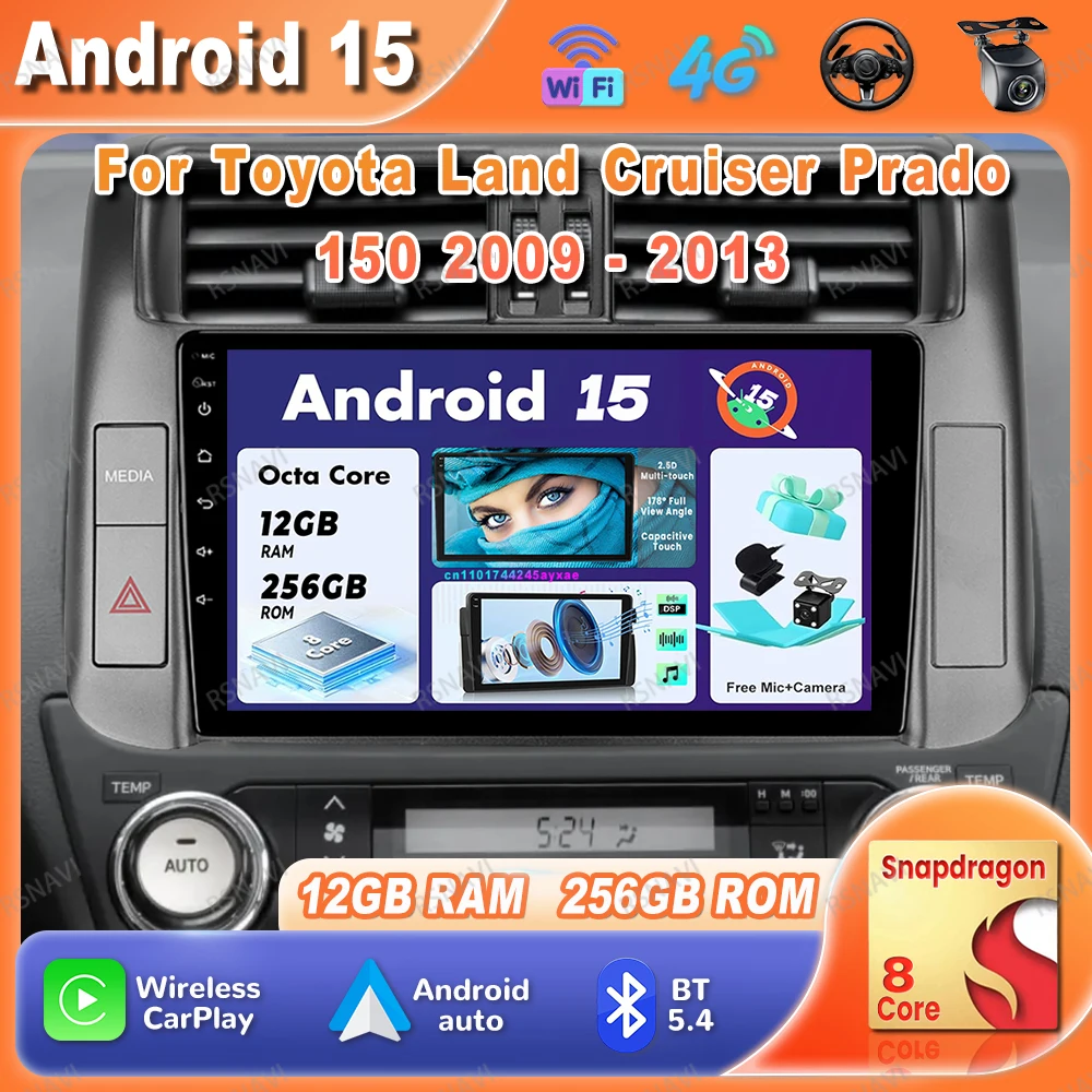 

Автомобильный радиоприемник Android 15 для Toyota Land Cruiser Prado 150 2013-2017 WIFI + 4G LTE Стерео 9/10 дюймов НЕТ 2DIN Qualcomm AUTO BT RDS