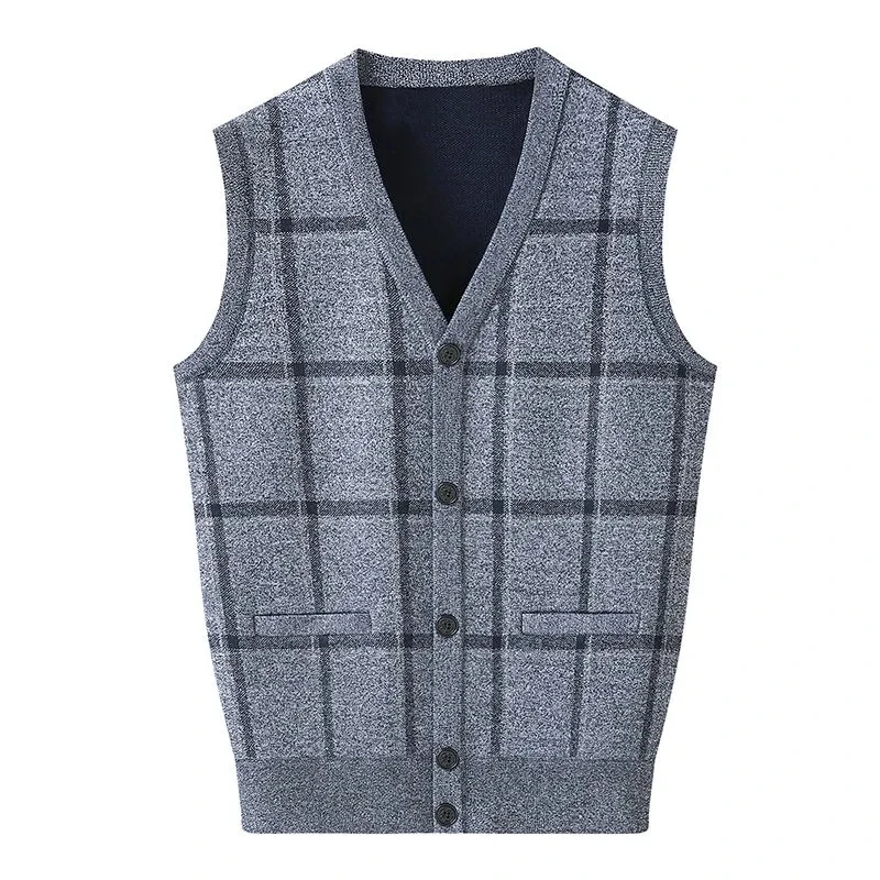 

Men Cardigan Sweater Vest Casual V-Neck Sleeveless Waistcoat Male Spring Autumn Clothing Loose Single-breasted Lattice Gilet