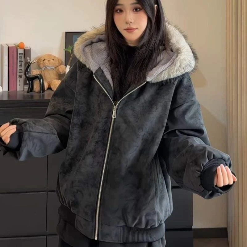 

Winter New Korean Style Couple Litchi Pattern Large Fur Collar Plus Velvet Same Style Thickened Cotton Clothes for Men Women