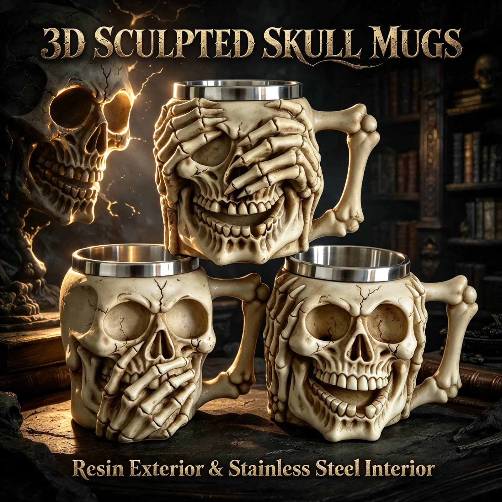 3D Resin Skull Mug Stainless Steel, Inner Halloween Coffee Tea Cup Skeleton, Head Beer Stein Party Home Bar, Decor Gift For Adul