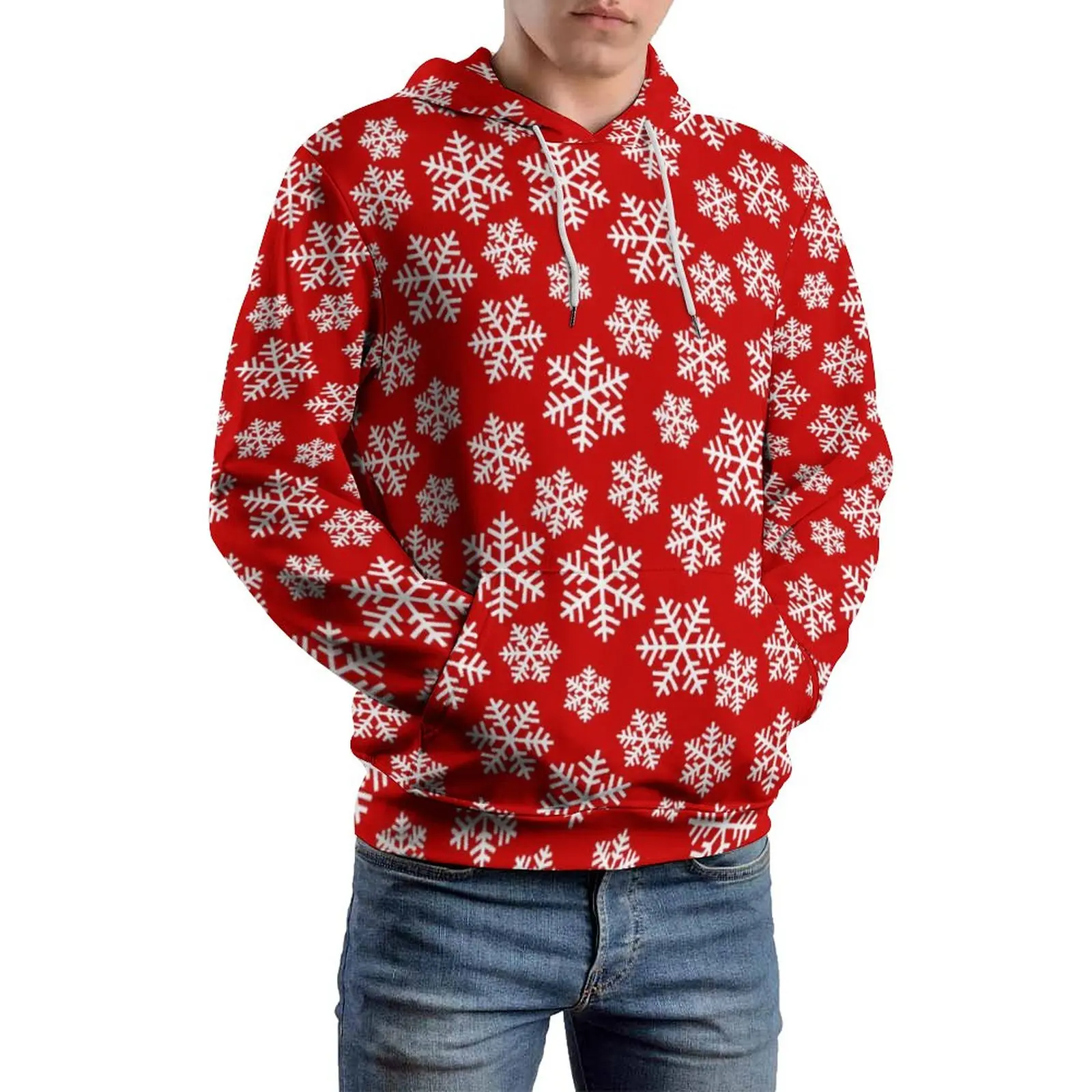 Winter Snowflake Loose Hoodies Red Print Harajuku Hoodie Male Long-Sleeve Oversize Korean Fashion Graphic Top