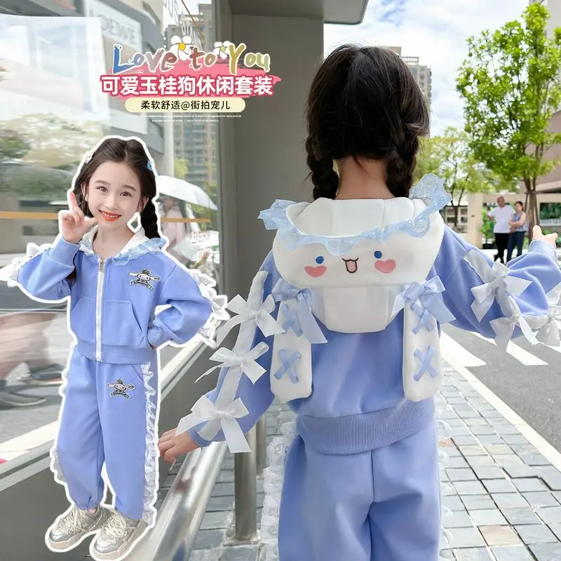 Cinnamoroll Girls Sportswear Suit Autumn Winter Anime Sanrioed Kids Hooded Jacket Pants Fashion Casual Suit Kids Clothes Gifts