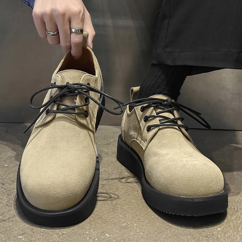 Retro Round Toe Thick Soled Men Casual Shoes Lace Up Trend Increase Height Daily Commuting Single Shoe