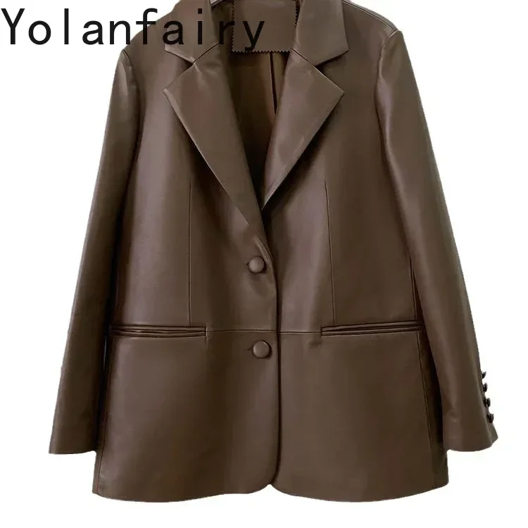 YOLANFAIRY الطبقة العليا سترة جلدية حقيقية امرأة 100% معاطف جلد الغنم واحدة الصدر ربيع الخريف المرأة بدلة على الموضة معطف
