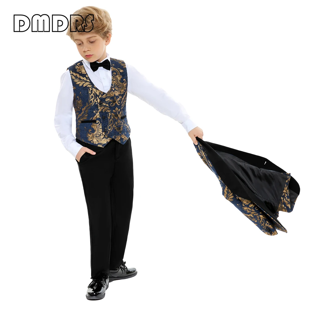 Gold Floral Boys Suit Set Shawl Neck Kids Formal 4 Pieces Suits Wedding Ring Bear Tuxedo One Button Boy\'s Suits 3-14 Years