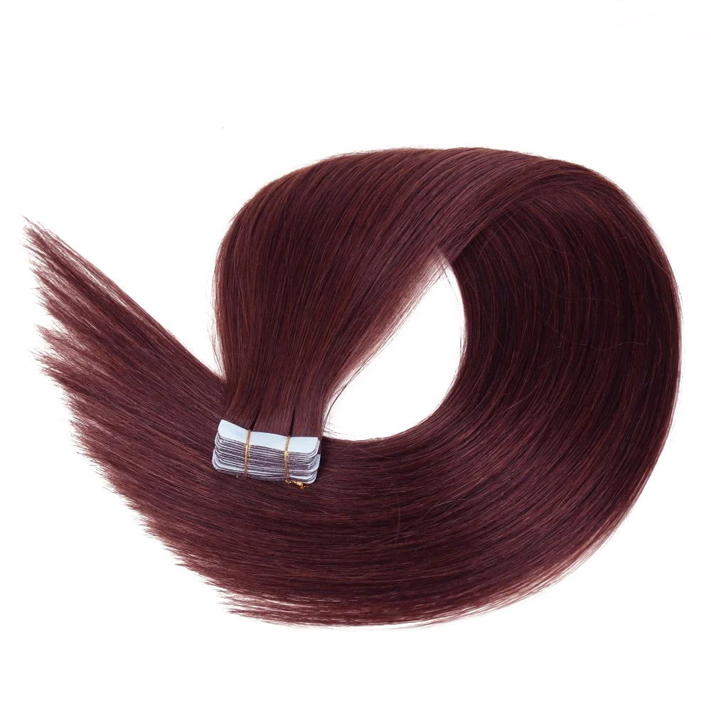 Fita 99j em extensões de cabelo 100% remy cabelo sedoso em linha reta fita sem emenda em extensões de cabelo humano para mulher 24 Polegada 20 pçs borgonha