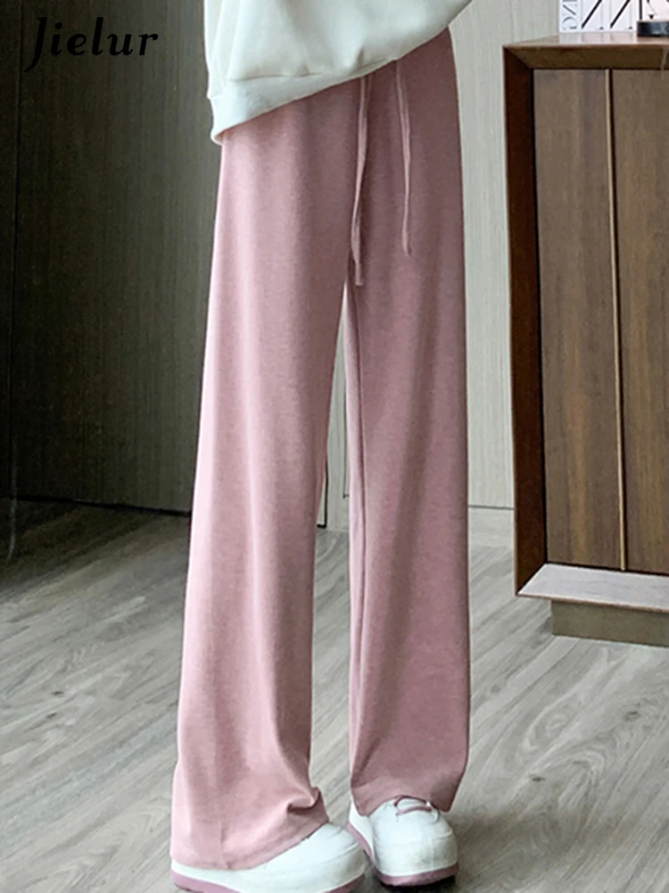 

Jielur Ins Pink Chicly Drawstring Loose Female Wide Leg Pants Basic Simple Solid Color Full Length Women Pants Casual Sweatpants