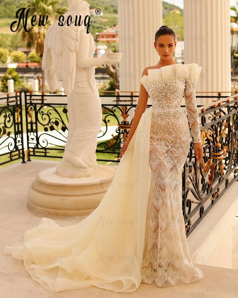 Ivory Heavy handmade Beaded Celebrity Dresses Detachable Train 2023 Ruffles Neckline Formal Prom Party Gowns вечернее платье