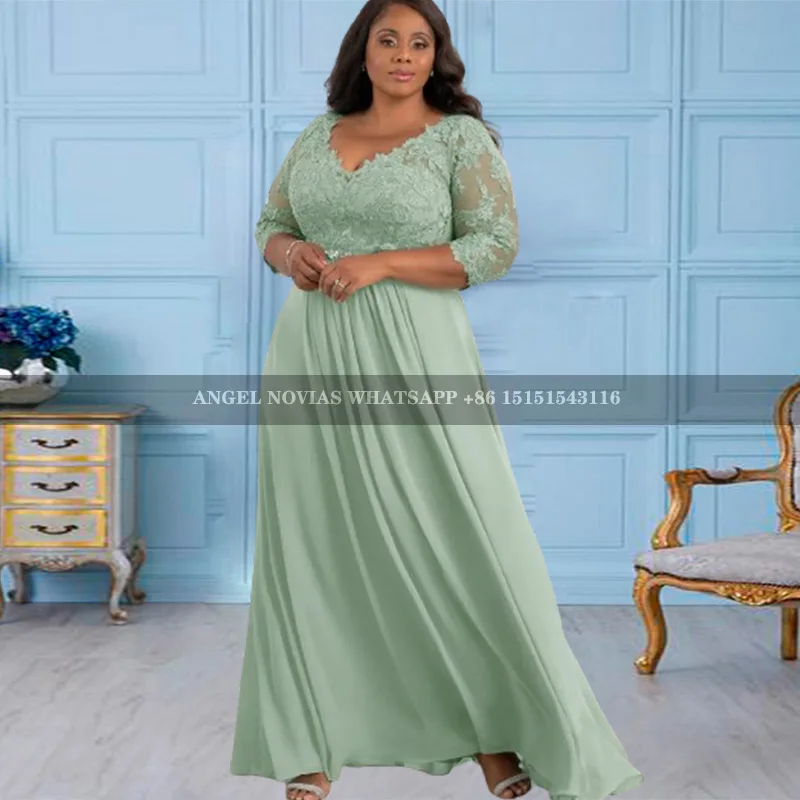 

Long Plus Size Mint Green Chiffon Mother of the Bride Dress Wedding Party Dress Vestidos De Fiestas Robes Invitee Mariage