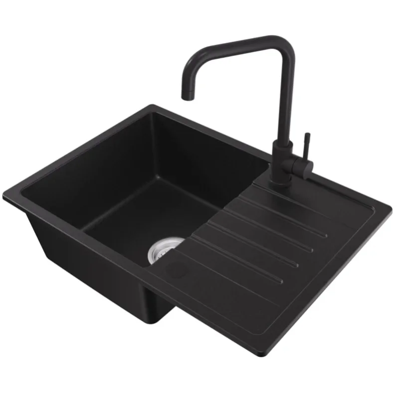 Granit-Küchenspüle 65x45cm mit Küchenarmatur, 1-Becken-Spüle mit Abtropffläche, schwarzes Unterbau-Spülbecken mit Ablaufgarnitur