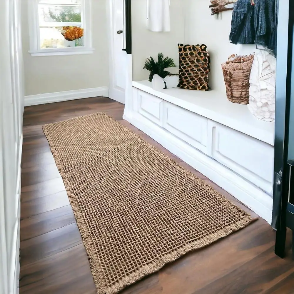 Super Absorbent Non-Slip Waffle Bath Mat Machine Washable Rubber Backed Bathroom Rugs with Tassels Soft Bathroom Decor Quick