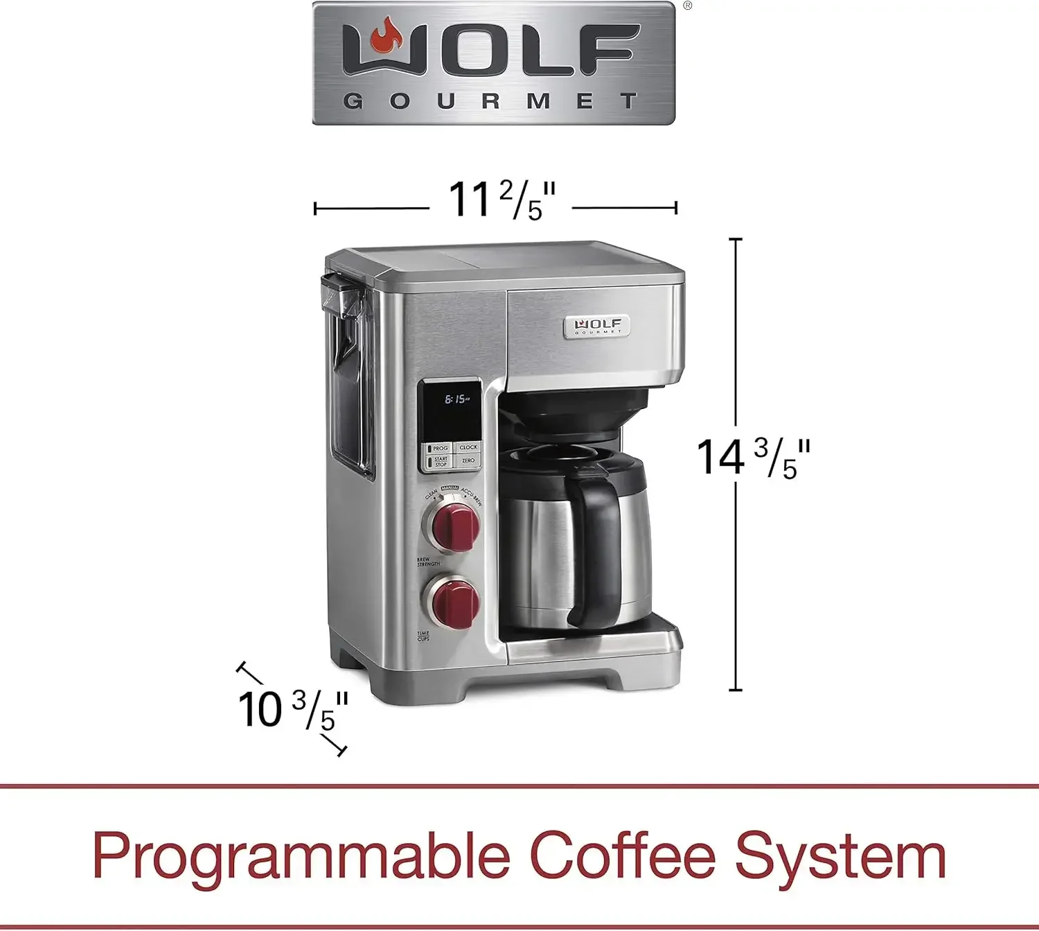 WOLF GOURMET Sistema de cafetera programable con jarra térmica de 10 tazas, báscula de motivos incorporada, depósito extraíble, perilla roja