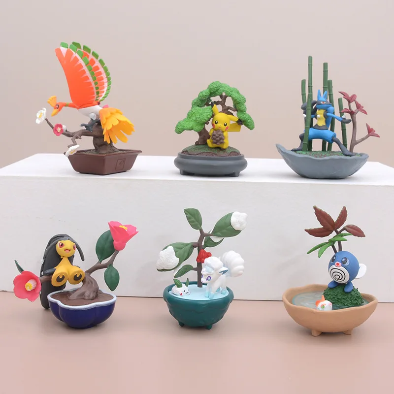 Kawaii Anime 6Pcs/set Pokemon Flowerpot Pikachu Potted Plants Cartoon Action Figure Ornament Doll Collection Model Toys Gifts