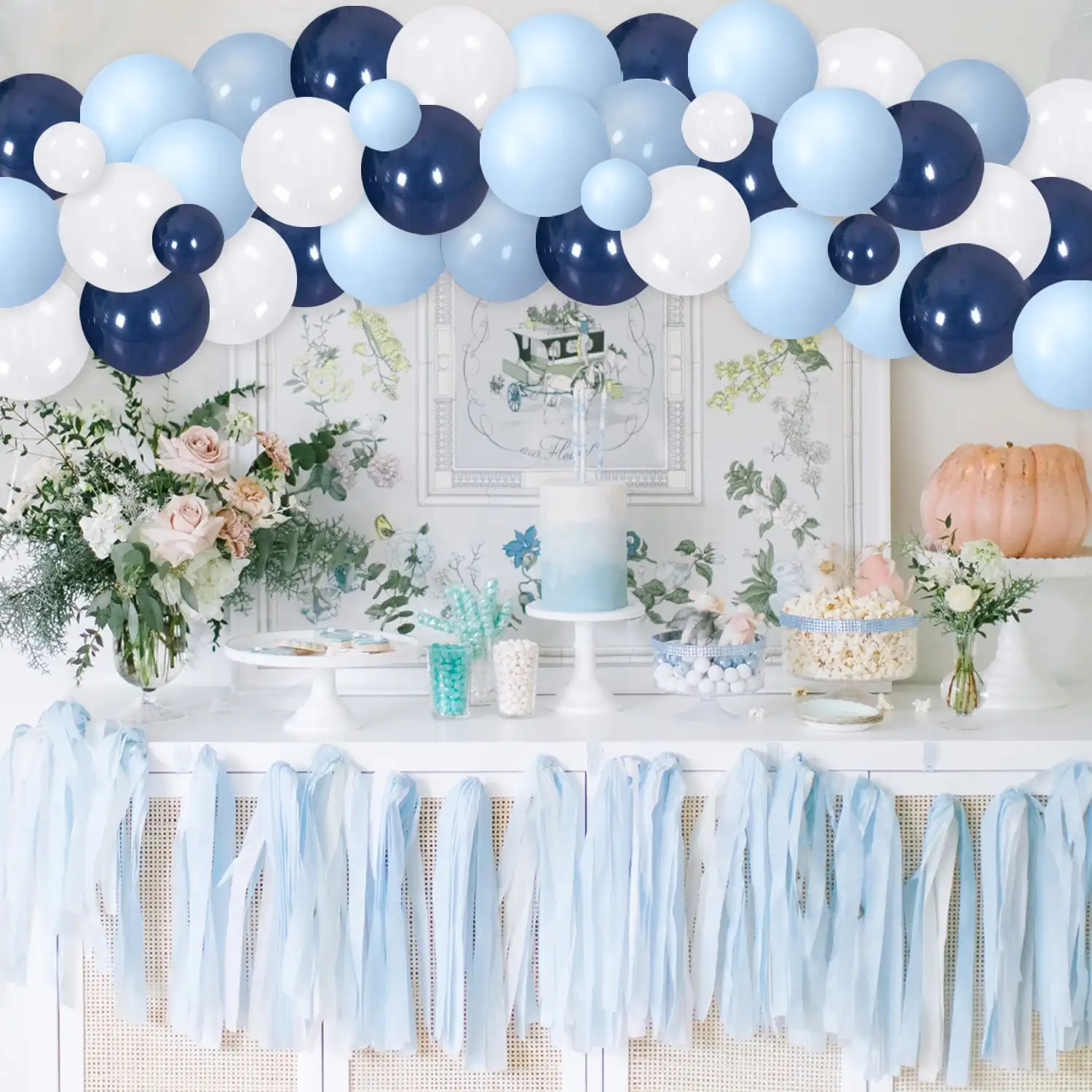 Blue and White Floral Balloon Garland with Backdrop for Wedding, Bridal Shower, Party Decoration Supplies