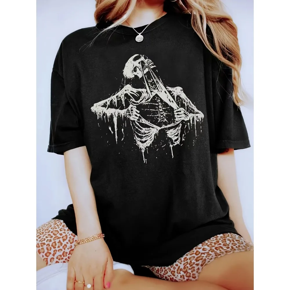 Women's Gothic Skull T-Shirt Casual Short Sleeve Crewneck Tee with Skeleton Hand Rock on Print for Rock and Roll Fans Minimalist