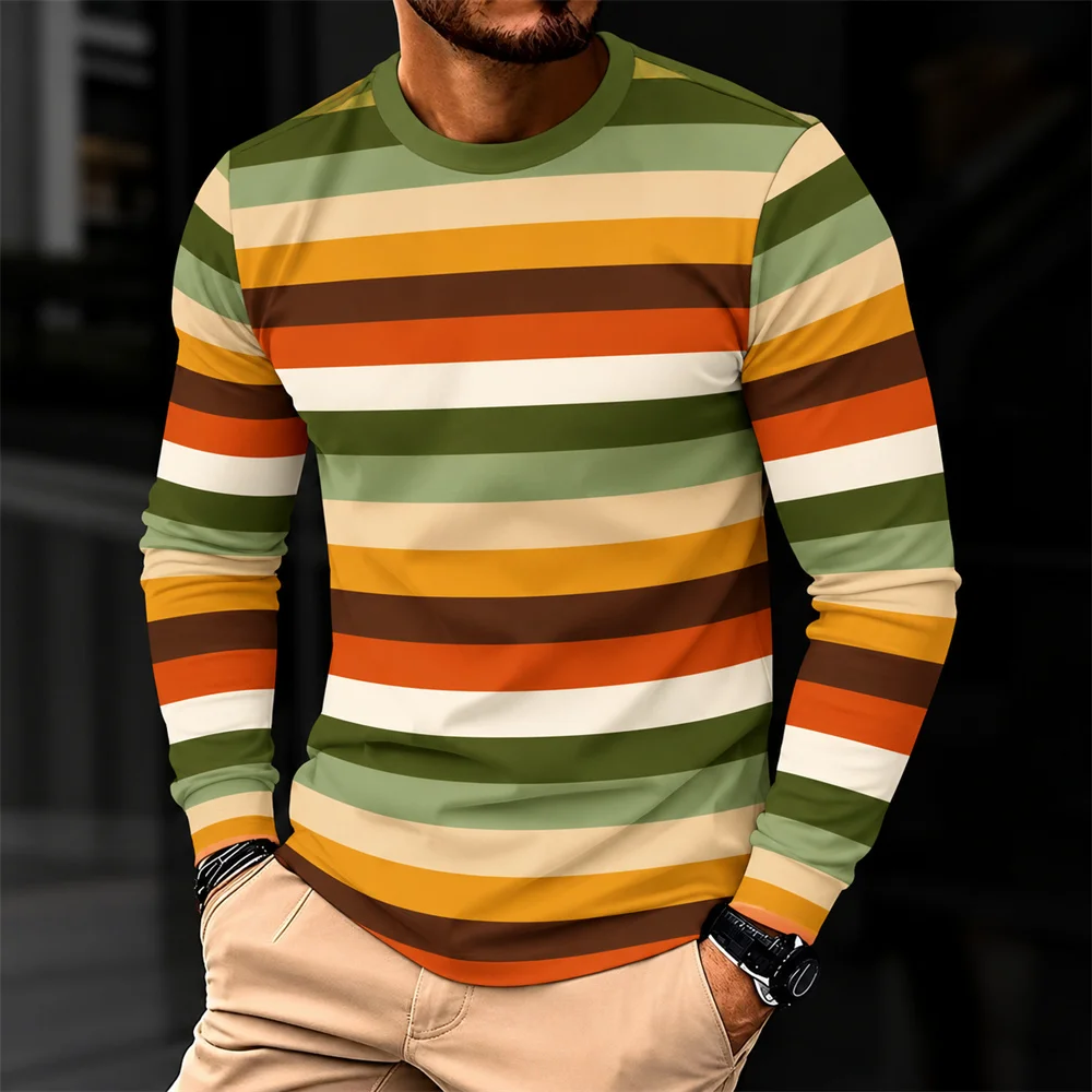 Rainbow Striped Long Sleeve T Shirt for Men Multicolor Horizontal Stripe Print Crew Neck Casual Top Retro Everyday Streetwear