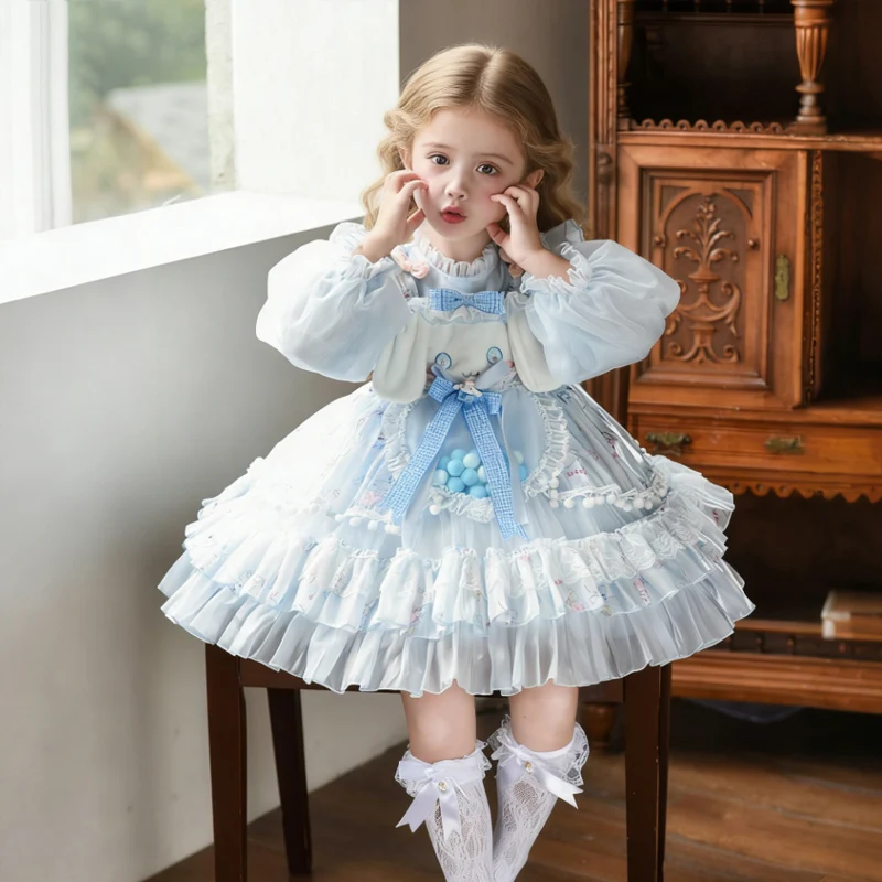 

Платье принцессы Лолиты Cinnamoroll для девочек, винтажное кружевное платье Лолиты, милая пышная юбка-пачка с рюшами, детское нарядное бальное платье для вечеринок, подарок