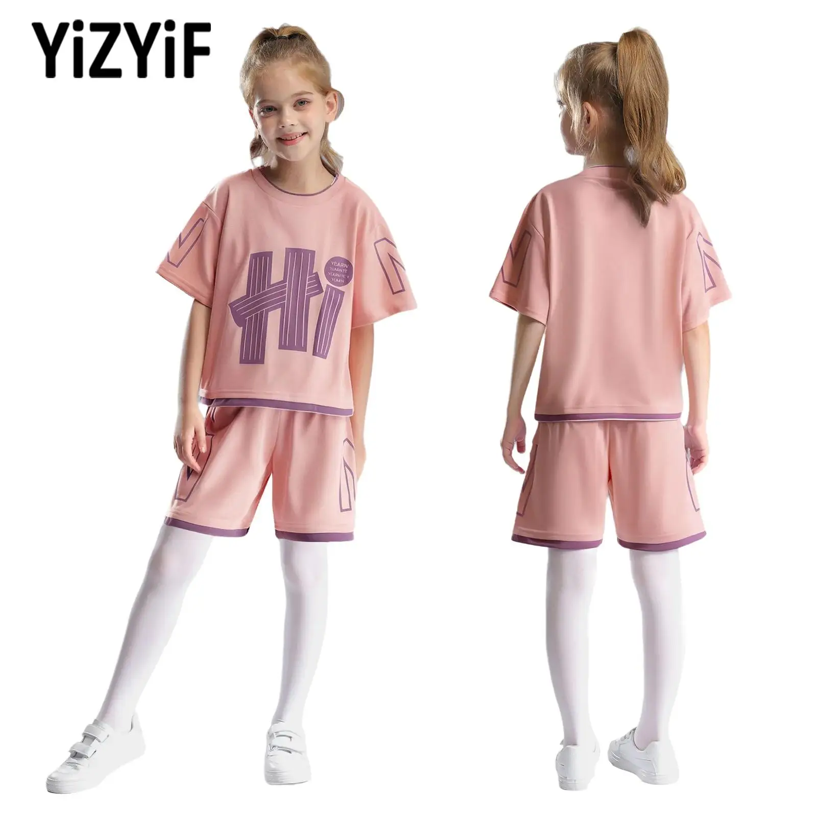 

Kids Sports Suit Girls Running Jogging Exercise Costume Short Sleeve T-shirt with Bowknot Elastic Waistband Shorts Casual Outfit