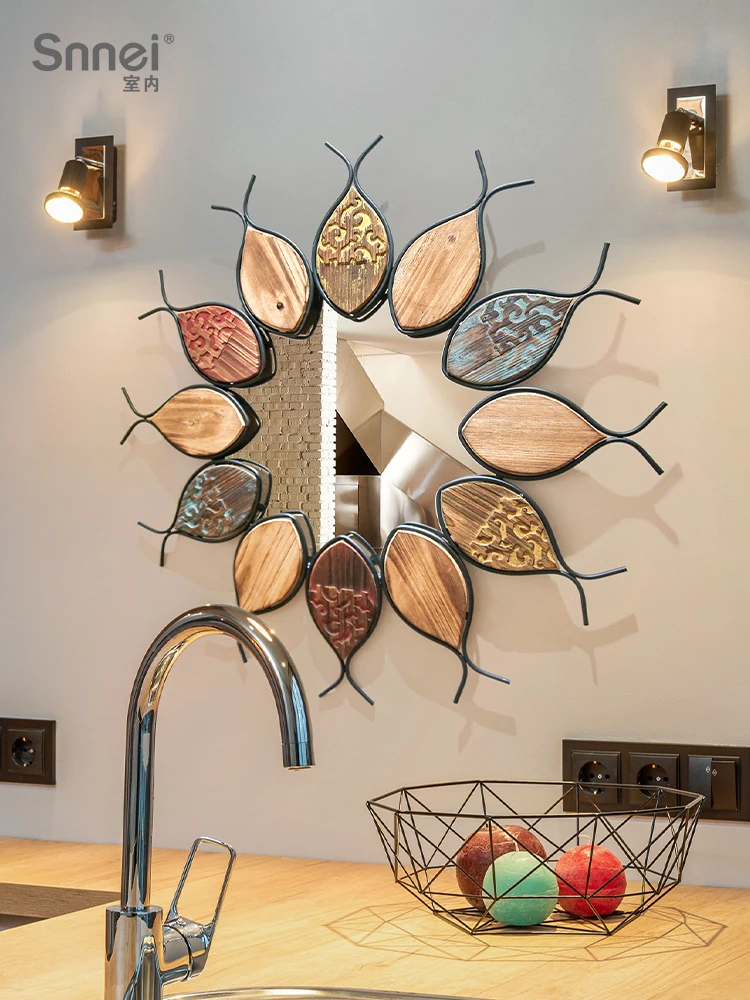 

Solid Wood Dining Room Entrance Wall Mirror Living Room Background Wall Decorative Mirror Pendant