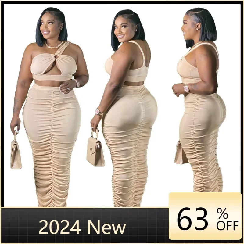 2024 Cropped Top And Long Skirt Two Piece Sets Bodycon Cut Out Night Club Partywear Co-ord Outfits Tight Women Suit