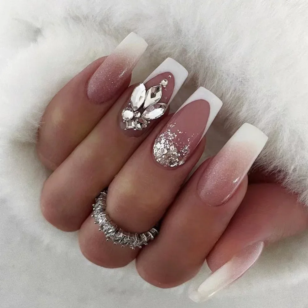 

24Ps White Edge Rhinestone French Fake Nails Art Medium Long Square Head Artificial False Nail Set Removable Press on Nails Tips