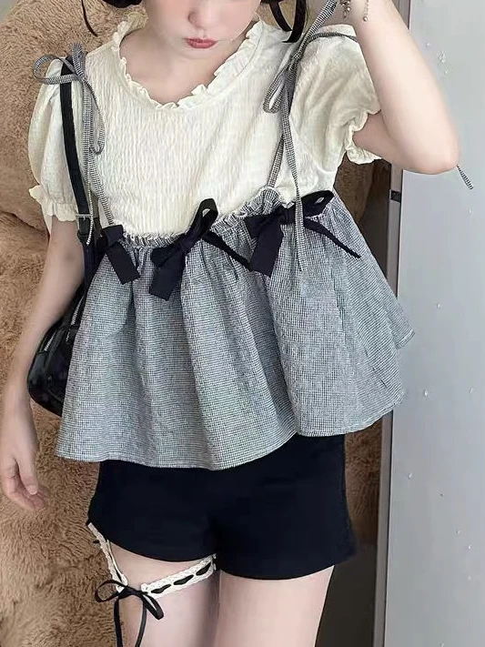 Sweet Kawaii Fake Two-piece Tops Women Bubble Sleeve College Style Casual Blouse Female Bow Korean Fashion Cute Tops Summer 2023