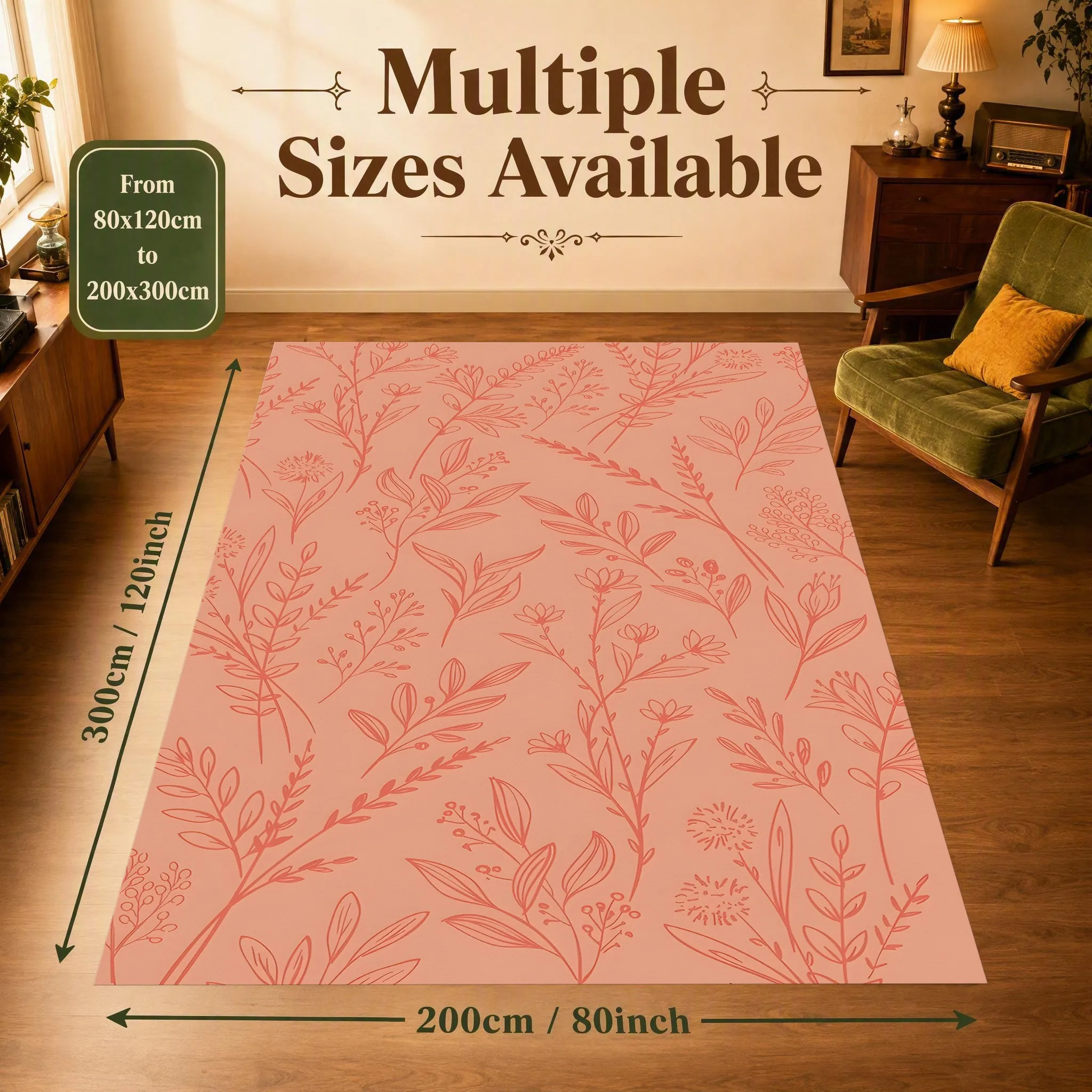 Warm Pink Line Art Floral Leaf Rug, Gentle Soft Carpet for Living Room Bedroom, Home Decor