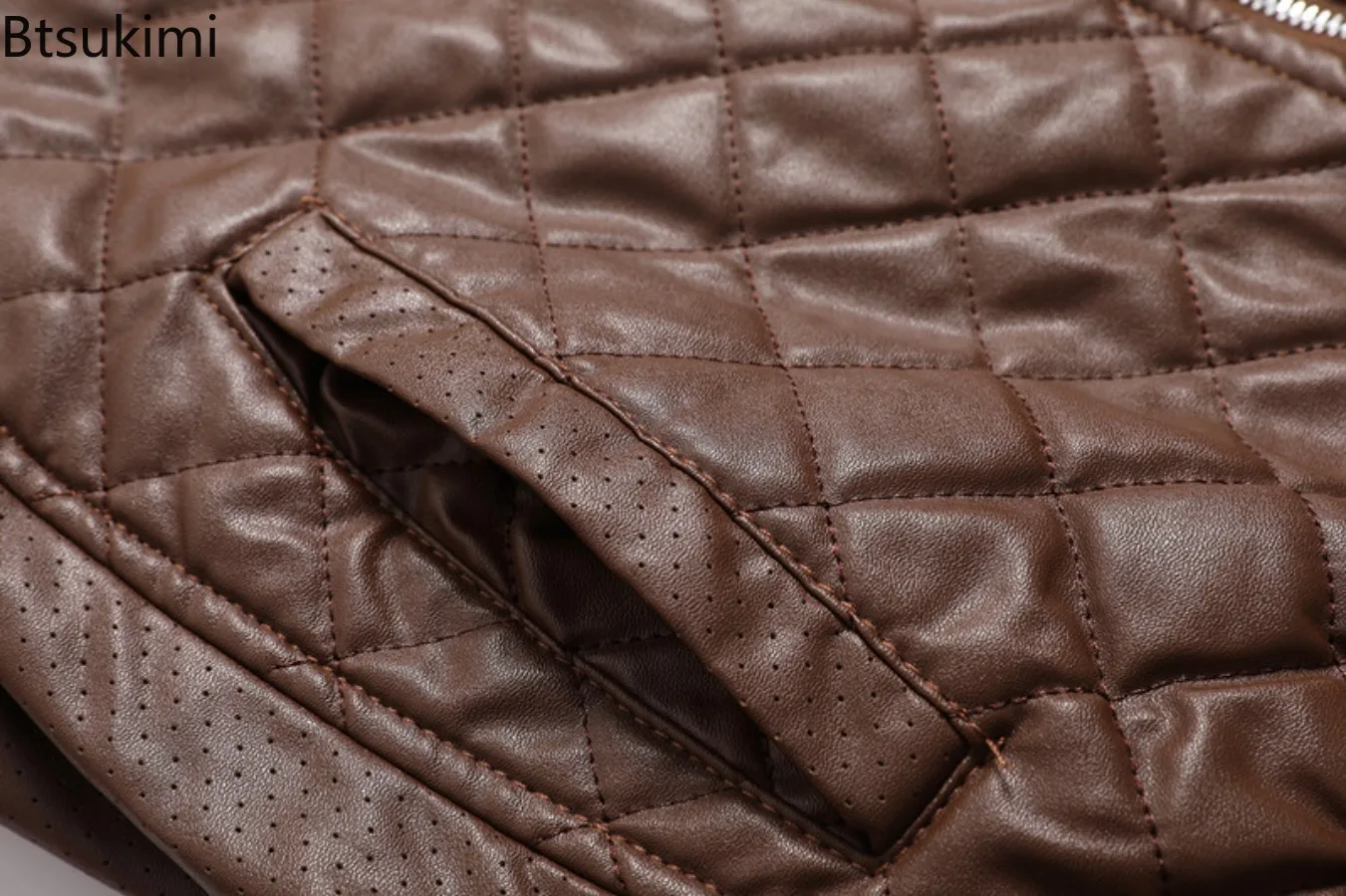 Men's Zipper Pocket Closure Hem Coats Autumn and Winter Casual Stand Collar Leather Jacket Machine Line Cotton Leather Jackets