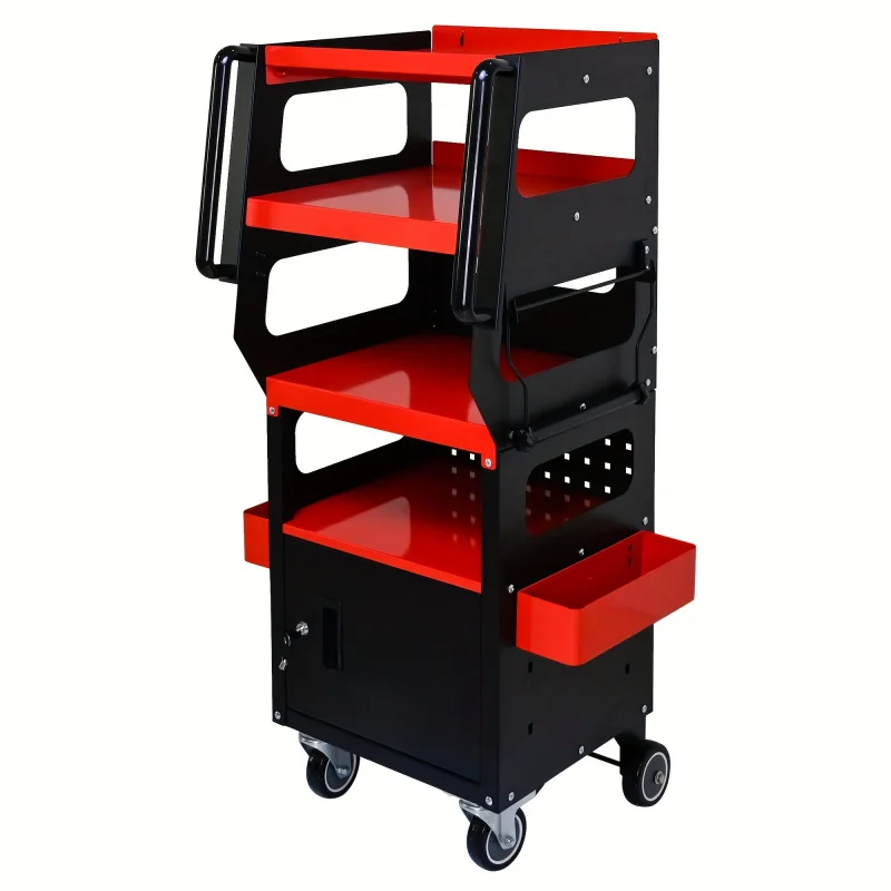 Carro de diagnóstico multiusos: negro y rojo, carro rodante con gabinete bloqueable, 360 ° Ruedas giratorias, cocodrilo de metal