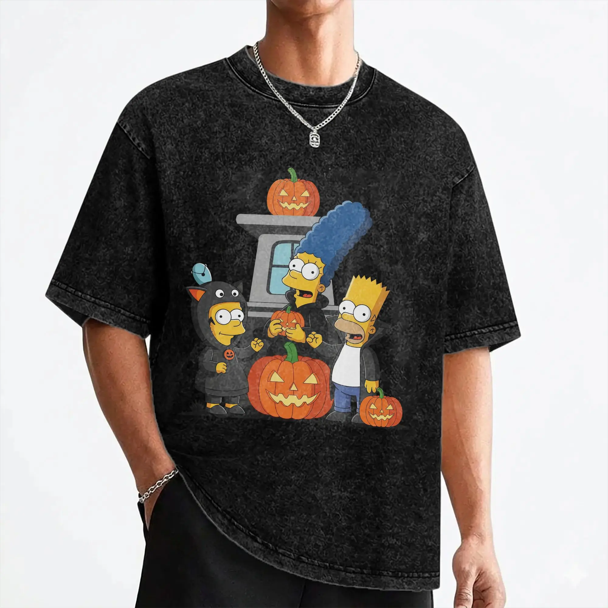 Cartoon S-Simpsons Halloween T Shirt Washed Short Sleeve Oversize T-Shirts  Vintage for Men Women Streetwear Graphic Tees