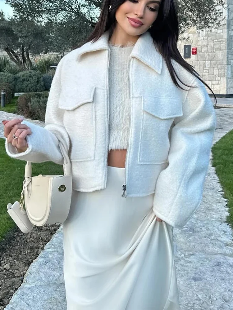 HH Vintage Frauen Weiche Wolljacke 2024, Langarm Mit Tasche, Reißverschluss, Kunstpelzmantel, Mode, Weibliche Kleidung, Oberbekleidung