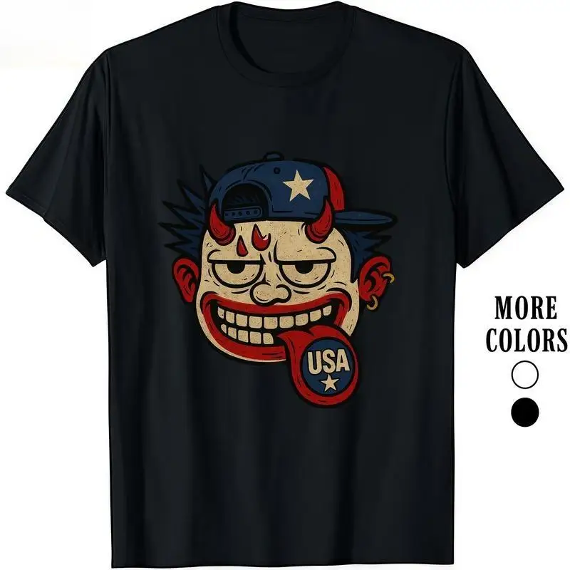 

Unisex Harajuku Hip Hop T-Shirt, Crazy Devil Face with USA Flag Tongue Graphic Tee, Men's Women's Funny Streetwear Punk Top